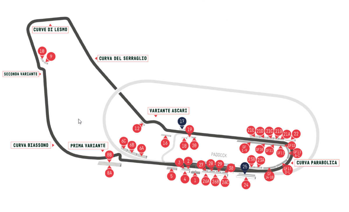 La mappa delle tribune dell'autodromo di Monza
